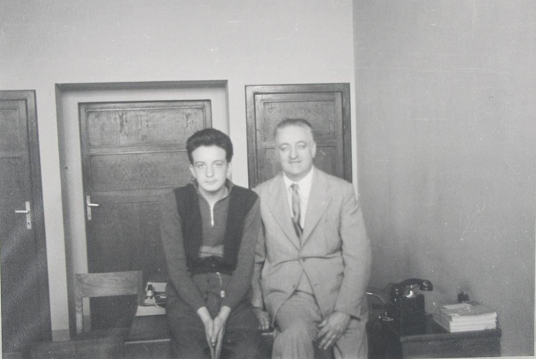 Dino Ferrari, at age 15, and his father, Enzo Ferrari, photographed in 1947