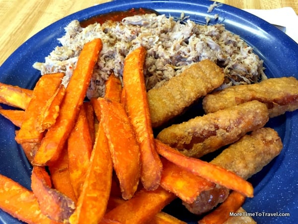 Hand-chopped pork barbecue, sweet potato fries and apple sticks