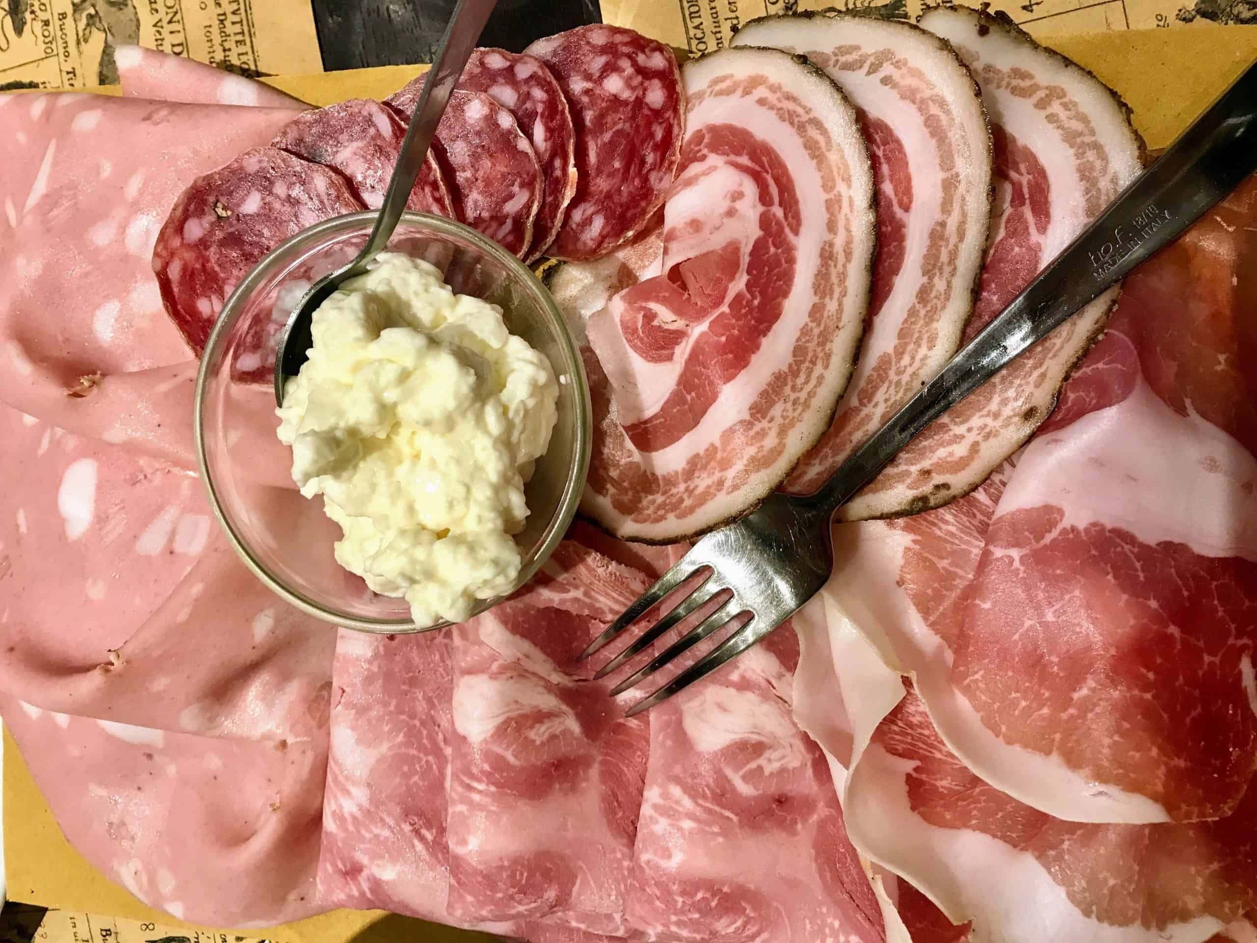 Board with Proscuitto di Parma, Pink Salame Rosa, Mortadella and Squacquerone Cheese