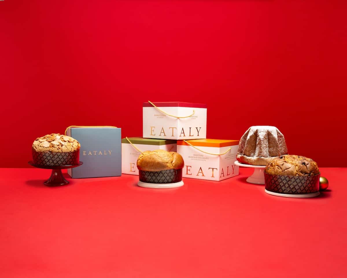 Eataly private-lable panetonni; the third bread from the left is pandoro