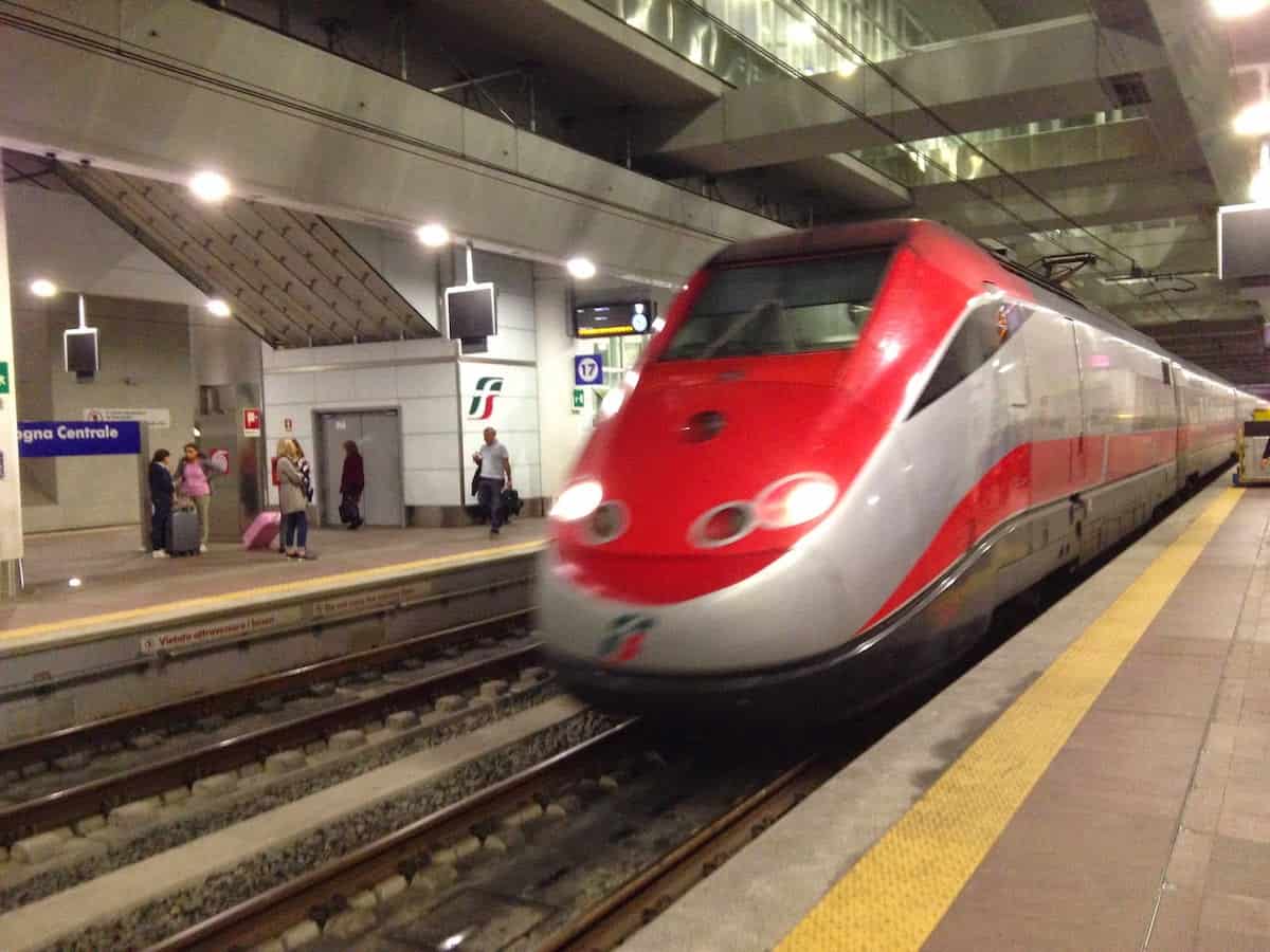 Frecciarossa high-speed train pulling into Bologna