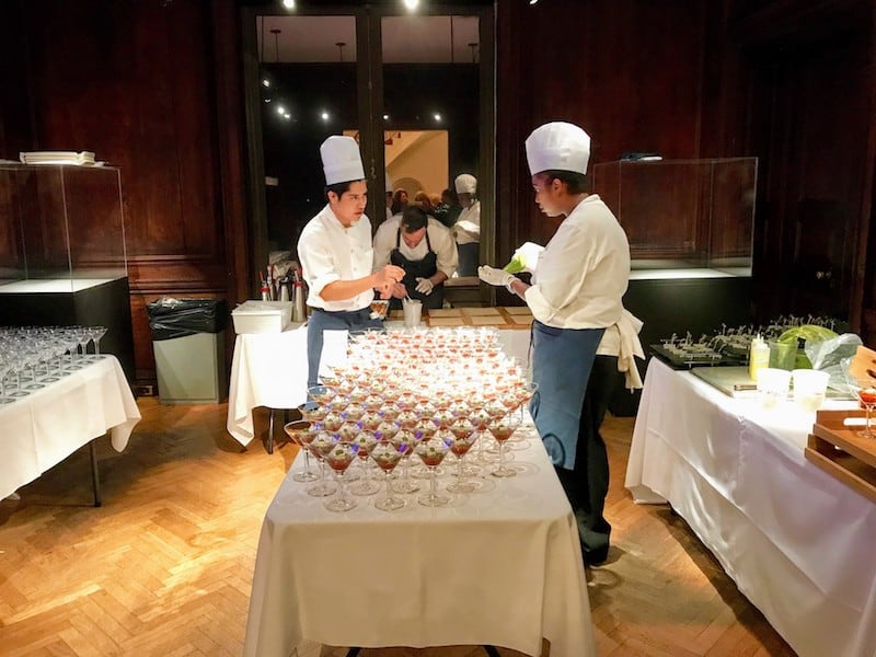 Chefs preparing Marsala Sabayon cold with fried rice noodles (dessert)