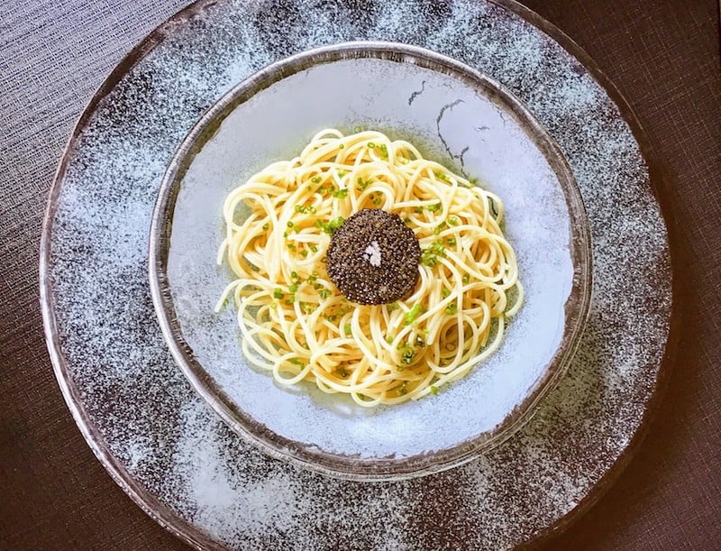 Photo of portrait of Gualtiero Marchesi Spaghetti salad with caviar and chives