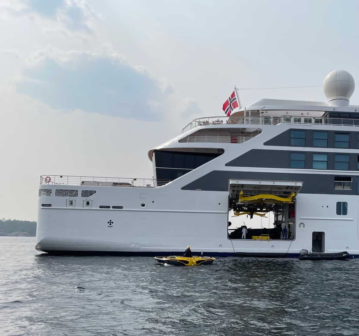 A yellow submarine returns to its Hangar on Viking Octantis