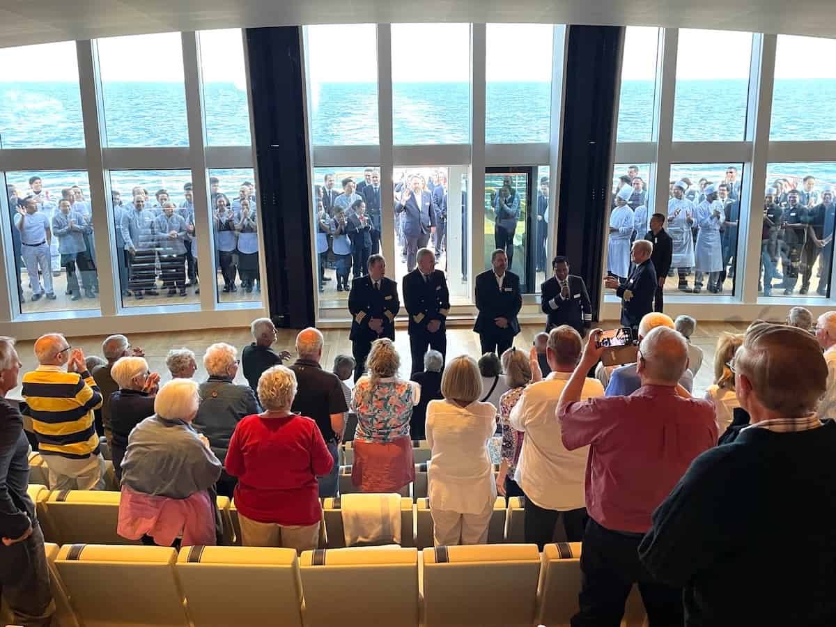 Journey’s End: In the ship’s stern-facing theatre, senior officers are about to introduce and thank the crew