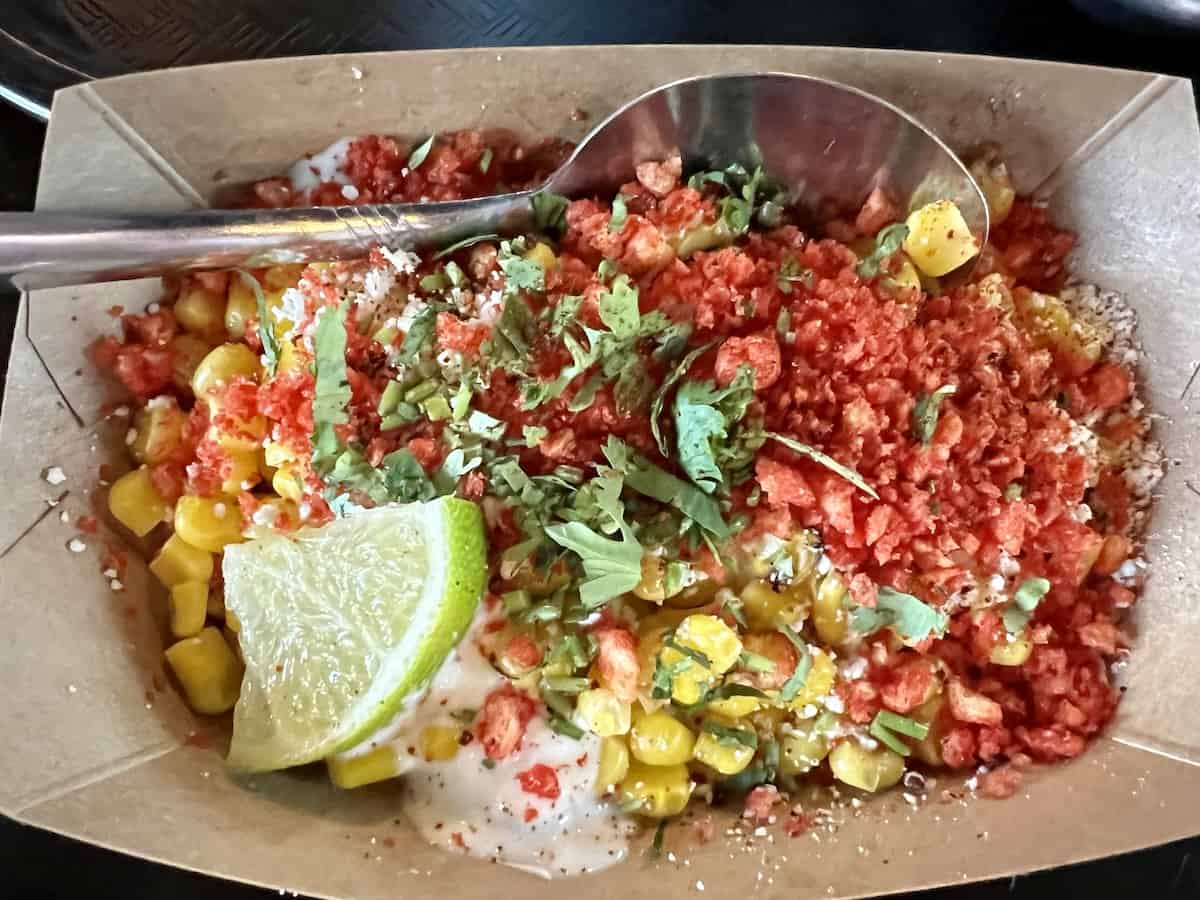 Restaurants in Fredericksburg: Leroy's Tex Mex BBQ-elote with Hot Cheetos dust 