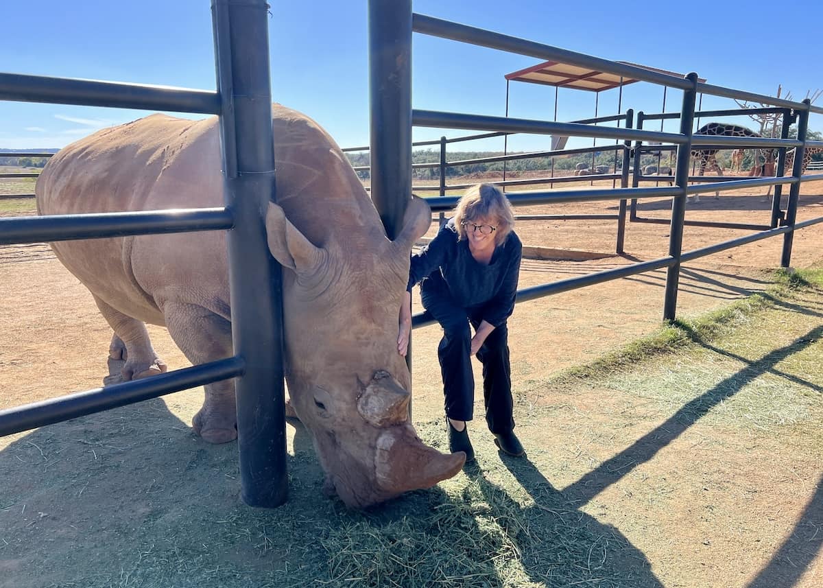 Jennifer Bain and rhino named Barney at Longneck Manor