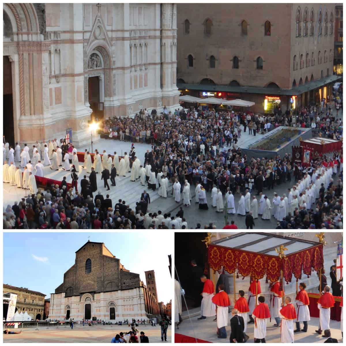 Church of San Petronio (bottom left) with split facade and pictures of procession