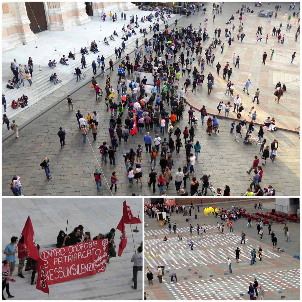 Top picture, students march to protest homophobia; bottom right, organizers place plates on the ground to collect funds and raise awareness to fight world hunger