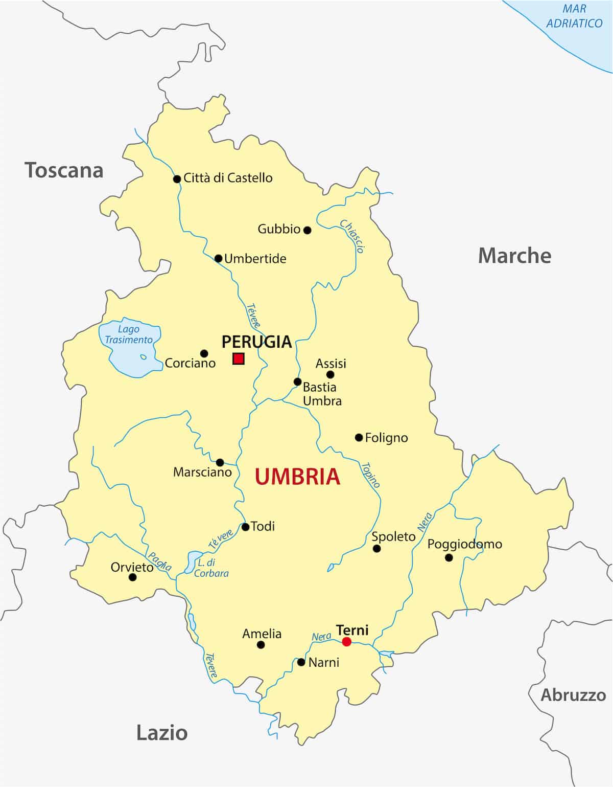 Map of Umbria, the green heart of Italy