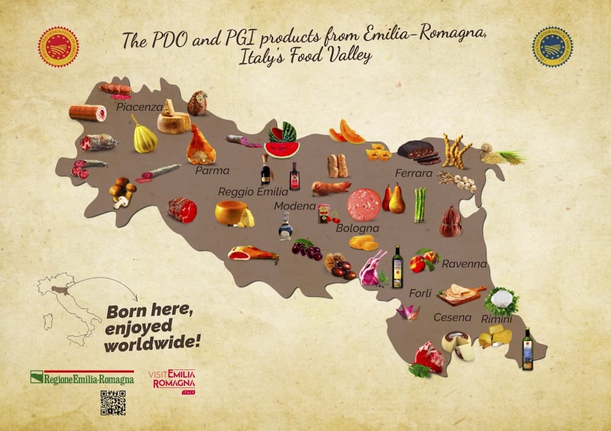 Map showing specialty foods of Emilia Romagna