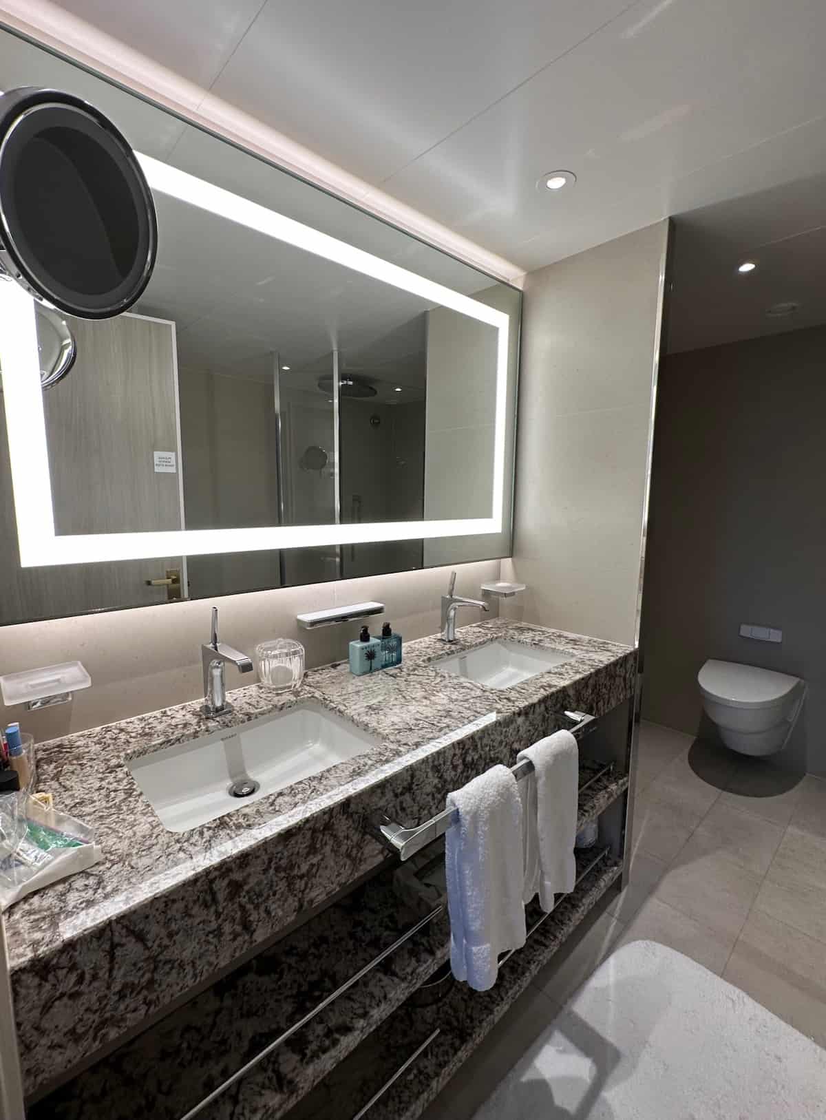 Marble sink tops in stateroom bathrooms on Crystal Serenity