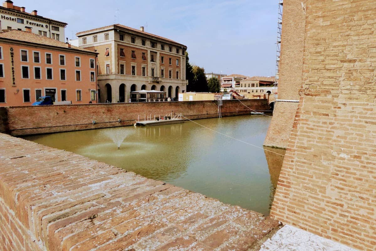 View of the moat from one of the Castello Estense drawbridges