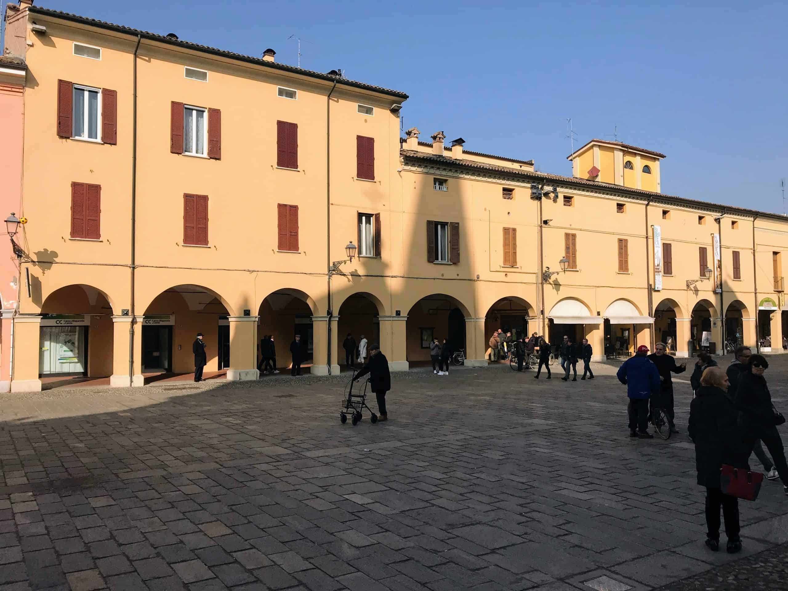 Town square of Pieve di Cento, Piazza Andrea Costa, with portici in morning