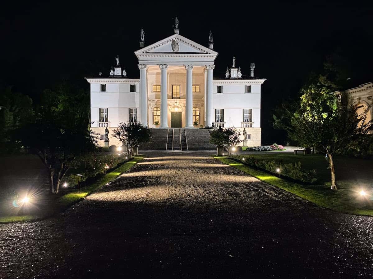 The magnificent Villa Sandi after dark in Asolo Italy