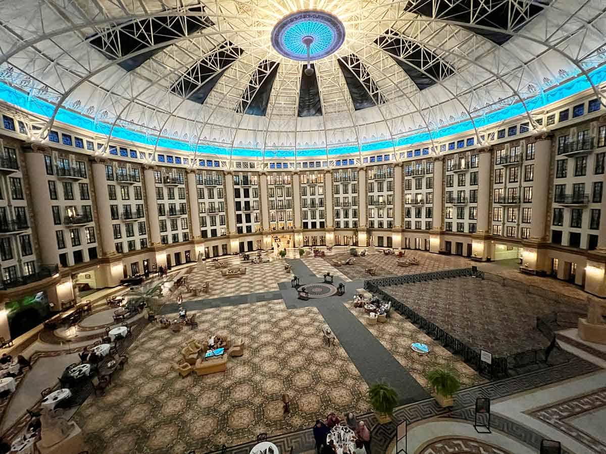The turquoise domed Atrium at night at West Baden Springs Hotel