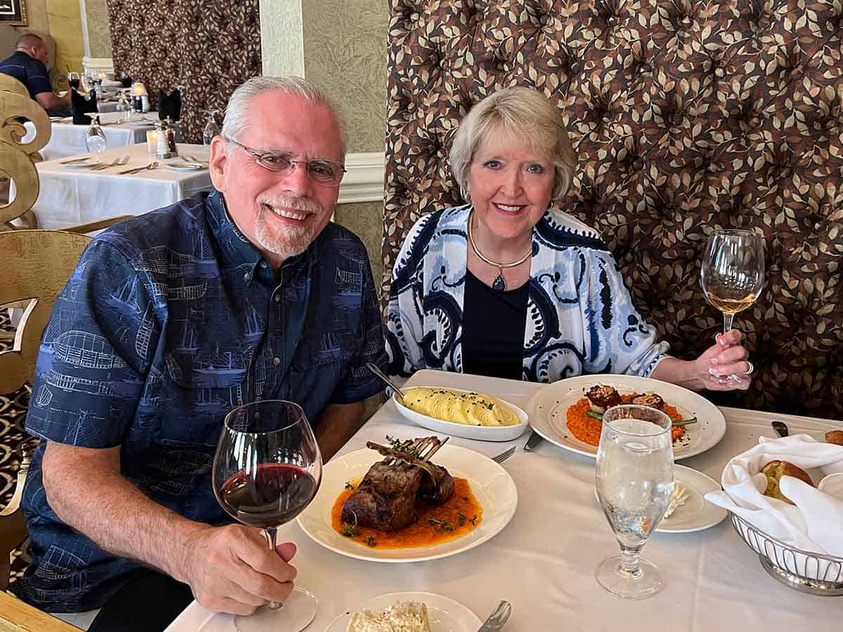 Author and husband at dinner at Sinclairs