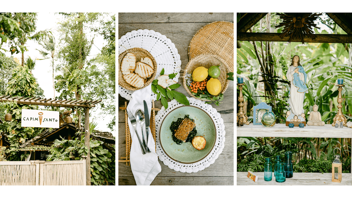 Scenes from Capim Santo Restaurant, olive-crusted grouper, and a decorative altar dedicated to Yemanja, Goddess of the Sea 