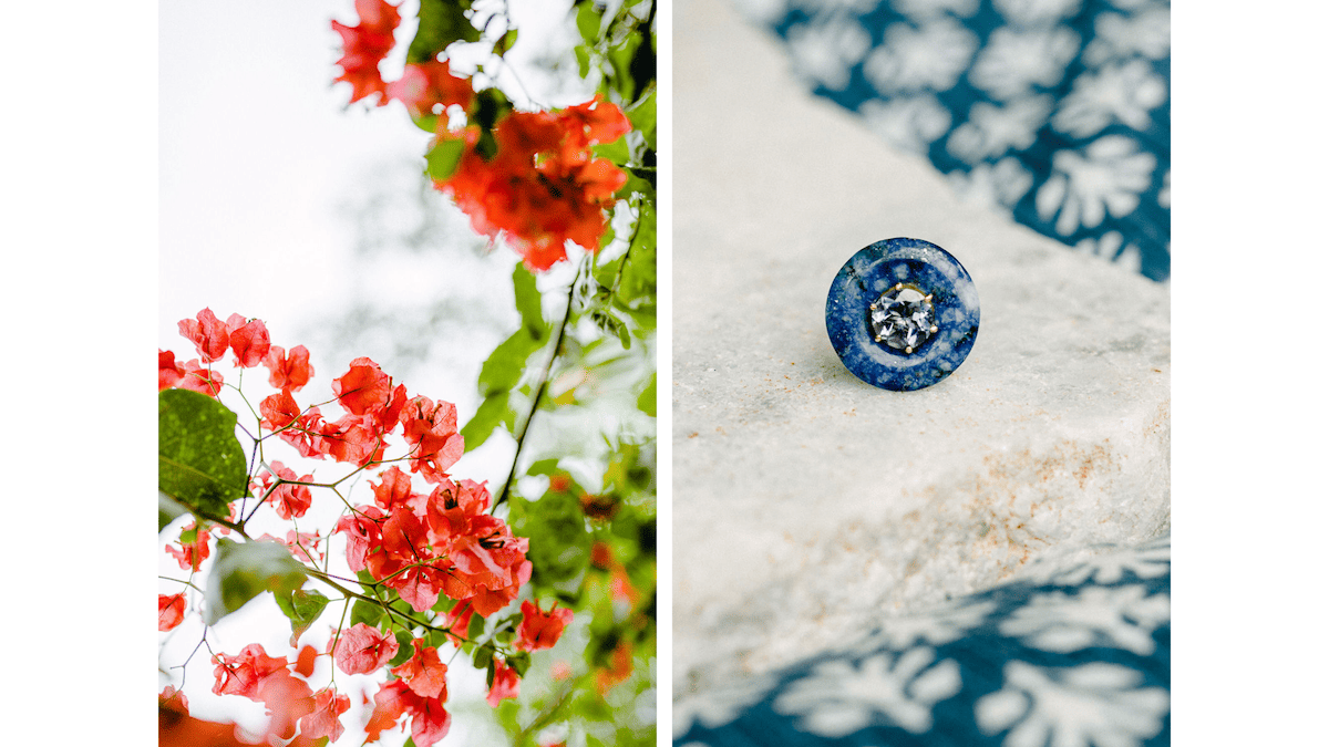 Bougainvillea flowers as seen all around the Quadrado, Ultramarine Iolite Ring from Cristina Pessoa's collection inspired by Trancoso