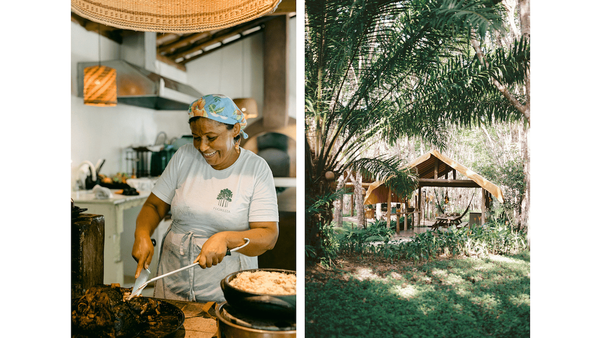 Scenes from Floresta, Chef Jandira at work in the Kitchen, a tented table on the forest grounds 